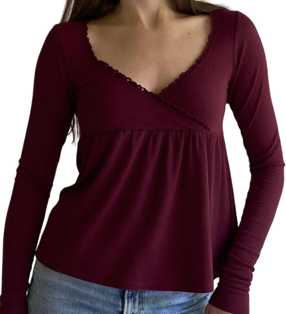 Y2k Long Sleeve Babydoll Top Women Fairy Grunge Shirt Lace Trim Vintage Downtown Girl T Shirts(Ruffle Burgundy, Large)