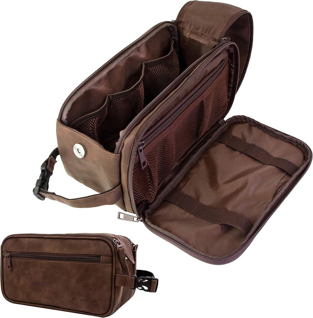 PAVILIA Toiletry Bag for Men, Travel Essentials Shaving Dopp Kit, Mens Travel Bag Toiletries Organizer Case for Grooming, PU Leather Water Resistant Cosmetic Bag Pouch (Dark Brown) (Large (10.5x5.5x6))