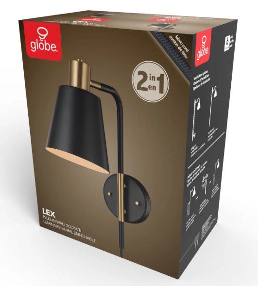 GLOBE PLUG IN SHADE WALL SCONCE - BLACK/GOLD - 5.9" X 14.4" - 2 SCONCES