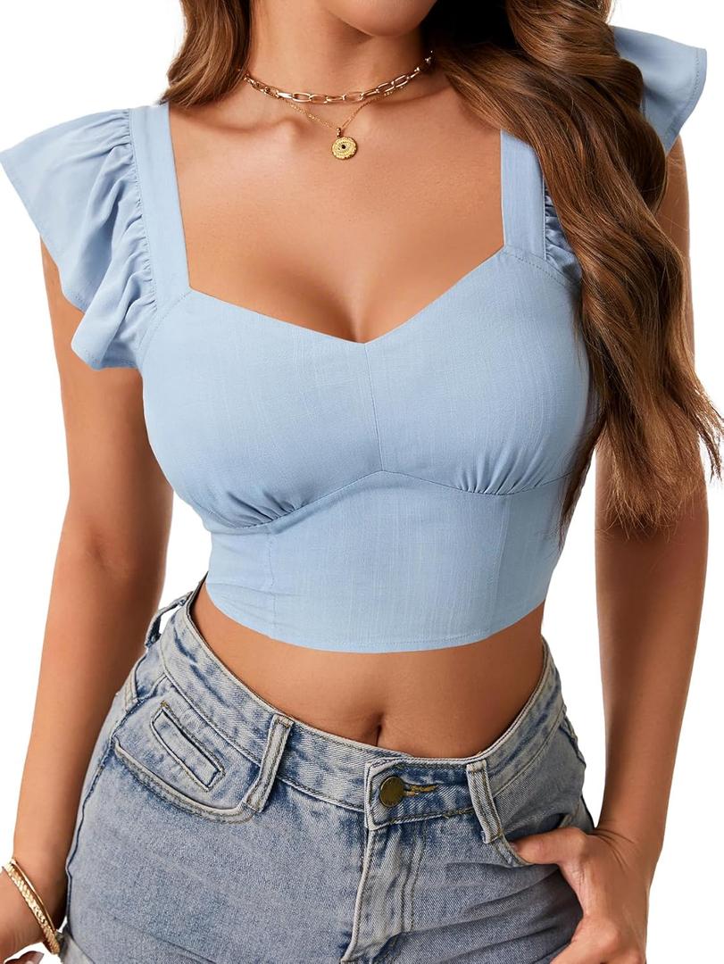 LYANER Women's Summer Sweetheart Blouse Smocked Backless Ruffle Sleeve Tank Crop Tops (Blue, XL)