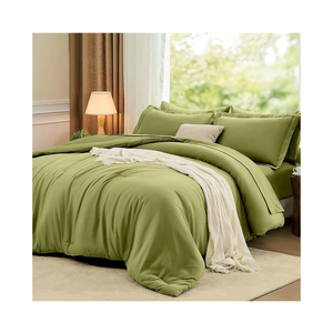 FUANNA Queen Comforter Set Olive Green, 7 Pieces Soft Bedding Sets Queen Size, All Season Lightweight Bed in a Bag with Comforter, Flat Sheet, Fitted Sheet, Pillowcases & Shams
