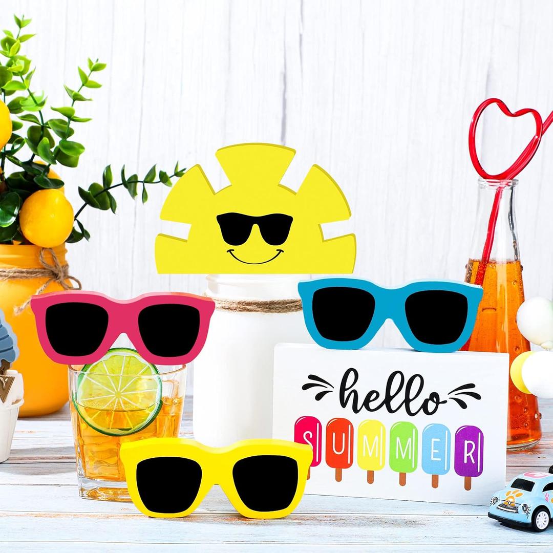 Jetec 5 Pcs Hello Summer Tiered Tray Decor Wooden Sunglasses Table Decor Set Rustic Tabletop Decoration Farmhouse Sunshine Flower Wood Table Sign Centerpieces Summer Decorations for Home Office Shelf