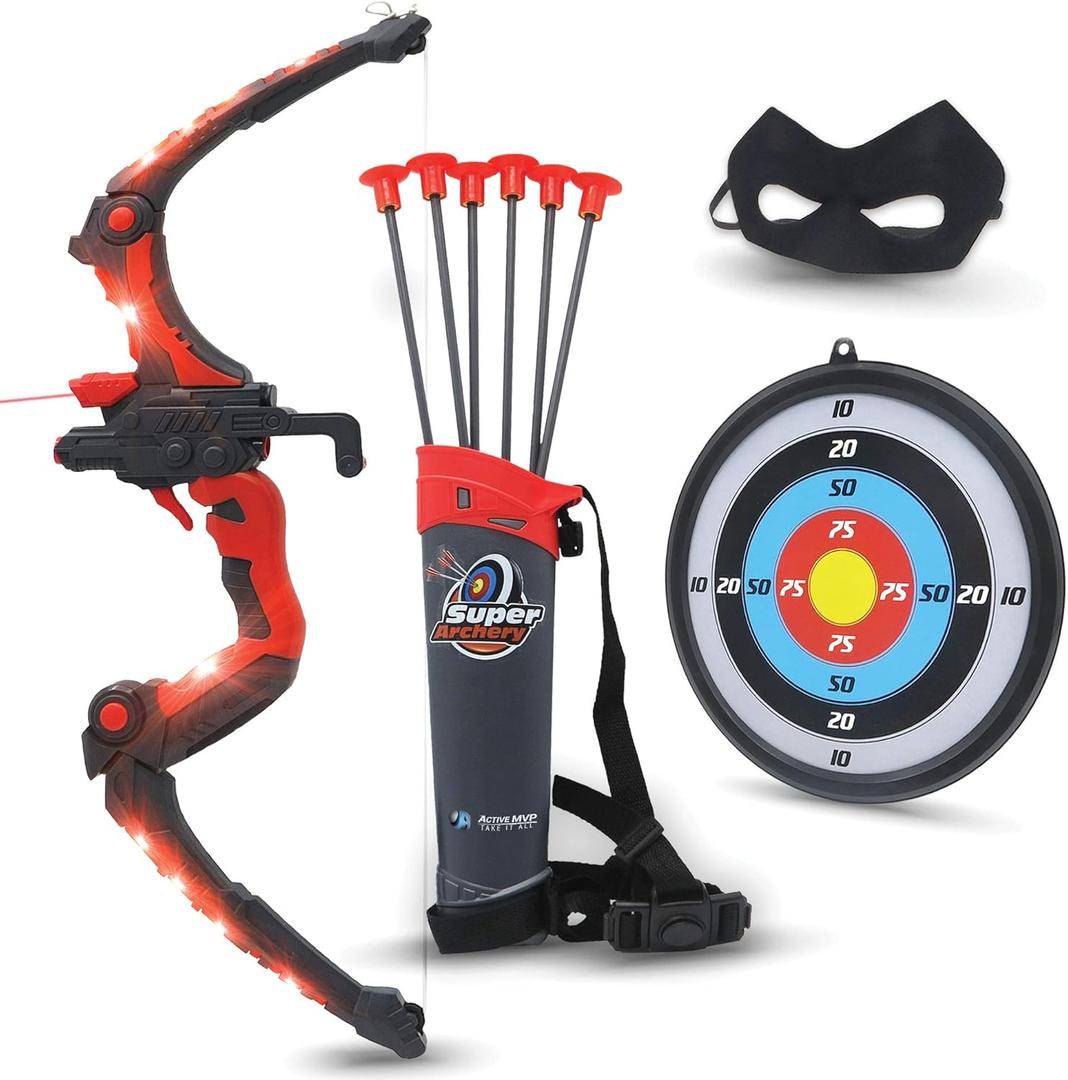 Bow and Arrow for Kids - Red Light Up Kids Archery Set with MASK, 6 Suction Cup Arrows, Target, 3-Belt Quiver - Indoor Outdoor Boys Toys Gift for Kid Girls Children Age 6 7 8 9 10-12 Year Old
