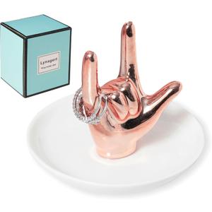 Lynagert I LOVE YOU Hand Ring Holder - Ceramic Jewelry Holder Dish Trinket Tray for Rings, Earrings, Necklace Organizer, Engagement & Wedding Ring Holder, Christmas & Birthday Gifts (Rose Gold)