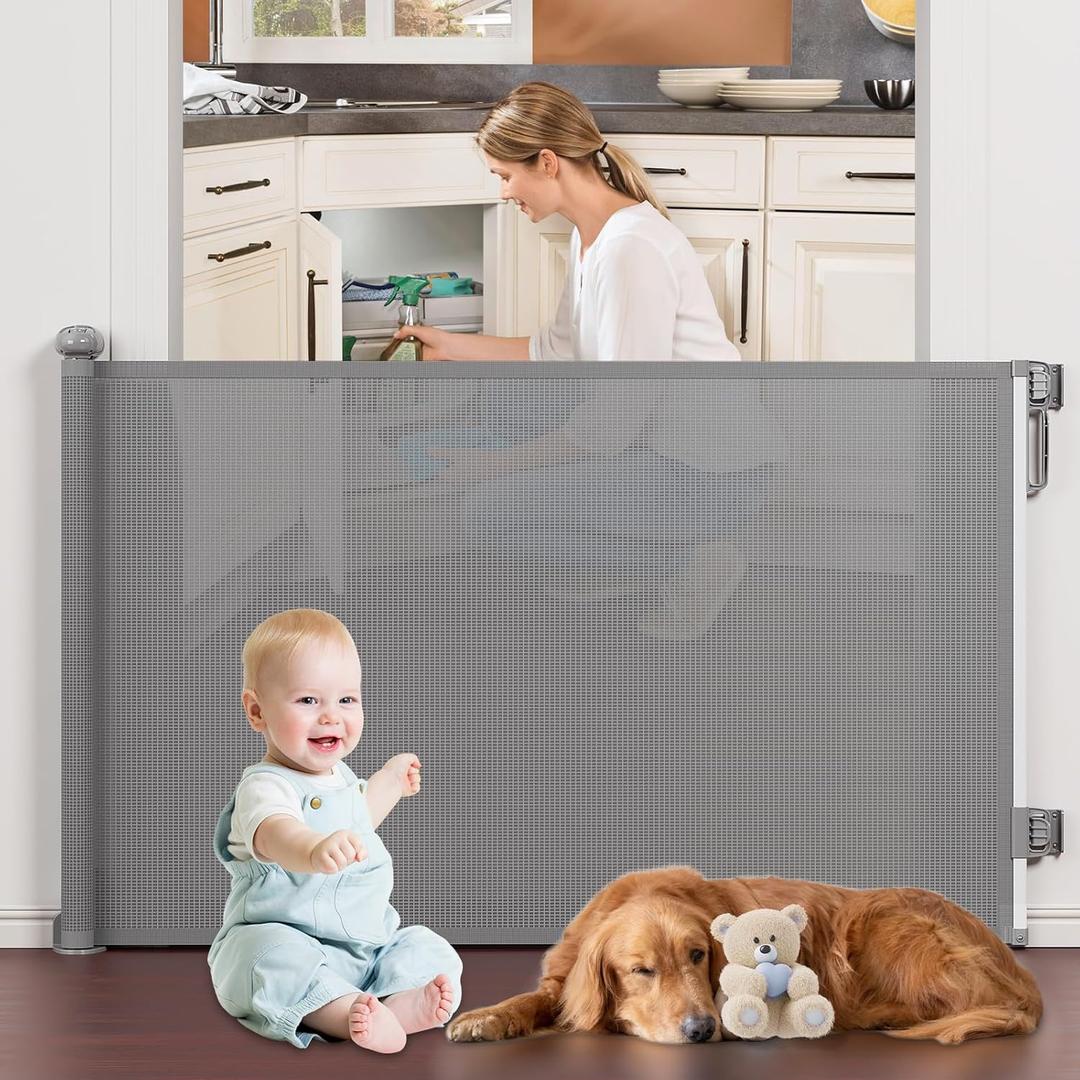 Retractable Baby Gates Extra Wide, PRObebi Retractable Dog Gate for The House Extends to 72" Wide 34" Tall, Gates for Baby Indoor, Stair Gate for Outdoor, Staris, Hallways, Doorways, Deck, Porch