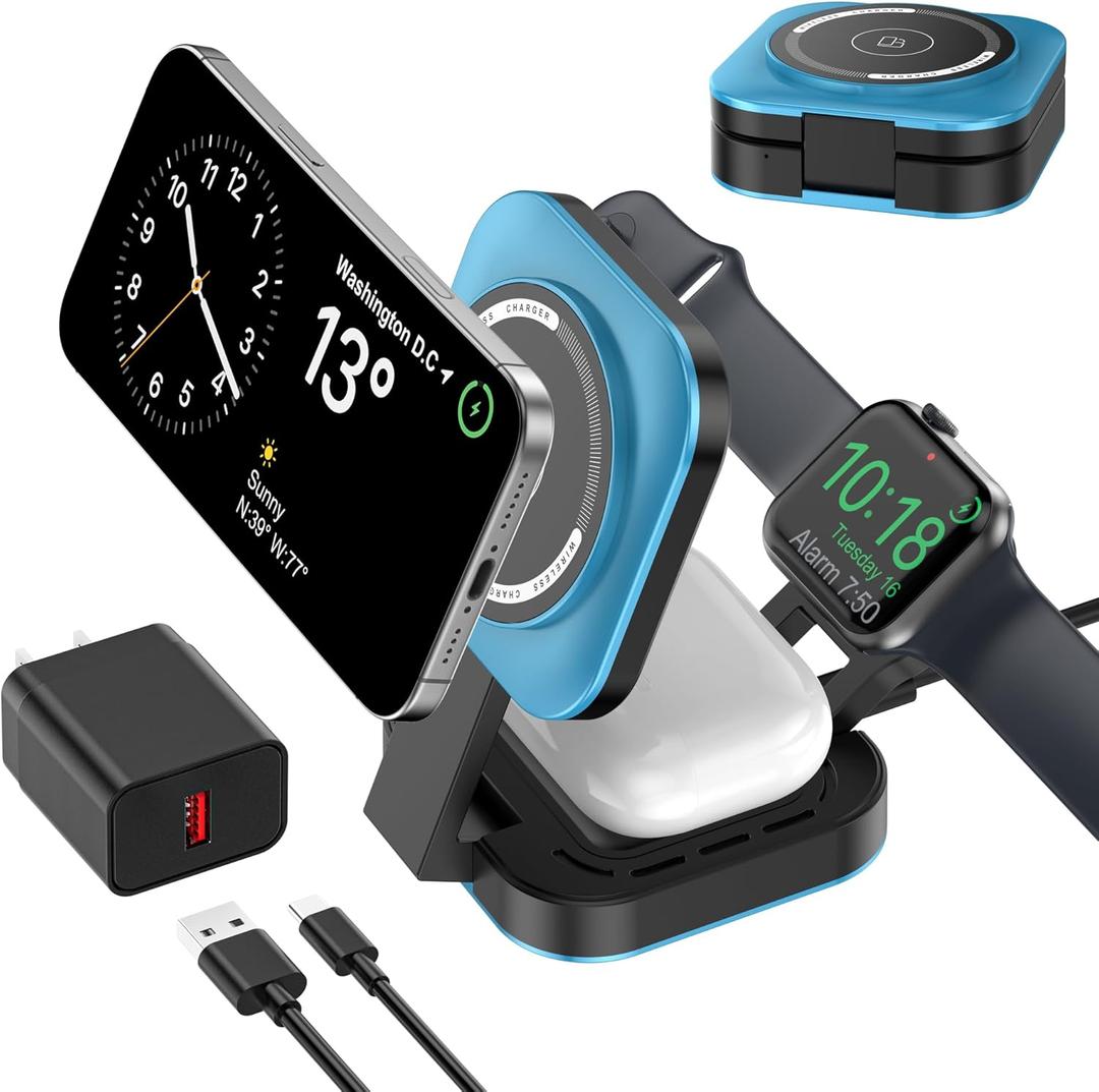 3 in 1 Mini Foldable Charging Station for Apple Devices, Wireless Charger Stand for Magsafe for iPhone 17/Air/16/15/14/13/12 Series, Apple Watch Series, AirPods pro/2/3/4, Gifts for Women Men (Blue)