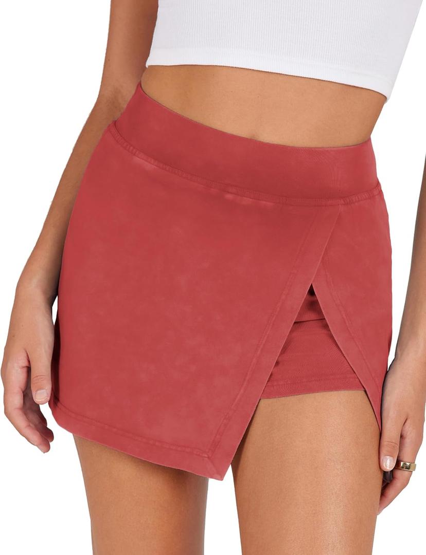 Lianlive Women's Mini Skirt High Waist Casual Split Hem Black Skort Athletic Tennis Bodycon Skirts with Inner Shorts (Red) XS