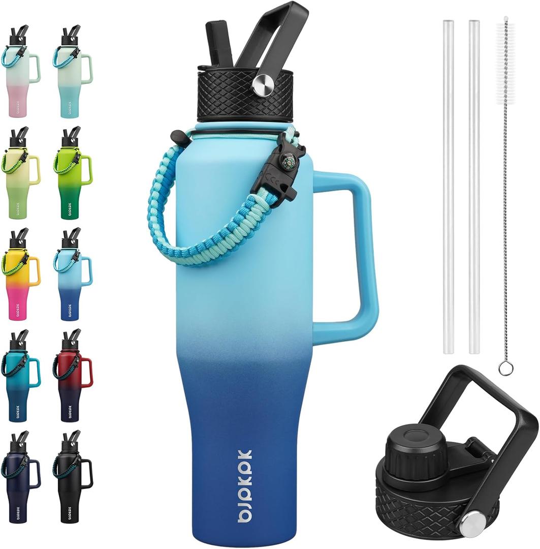 BJPKPK Insulated Water Bottles with Straw Lid, 40oz Metal Water Bottle with 2 lids & Paracord Strap, Double Wall Stainless Steel Tumbler with Handle, Reusable Cups, Mugs, Thermo, Sky