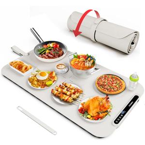 Food Warming Mat, iTRUSOU Silicone Electric Warming Tray with 7 Temp-Settings, 1-8Hr Auto Shut-Off, Switchable Fahrenheit/Celsius, Upgrade Strap Keep Food Warm at Buffet, Party, Sabbath, Daily Use (White)