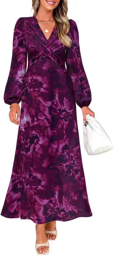 ZESICA Women's Floral Long Sleeve Midi Dresses 2026 Fall Boho V Neck Belted High Wasit Flowy Wedding Cocktail Party Dress (Purple, M)