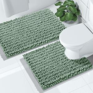 Yimobra Bathroom Rugs Sets 2 Piece - Quick Dry Extra Thick Luxury Chenille Bath Mat, Non Slip Super Absorbent for Tub Shower Sink, Machine Washable Shaggy Floor Mat, 32"x20"+24"x20" Inch, Green