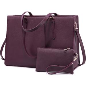LOVEVOOK Laptop Bag for Women, Fashion Computer Tote Bag Large Capacity Handbag, Leather Shoulder Bag Purse Set, Professional Business Work Briefcase for Office Lady, 2PCs, 15.6-Inch, Deep Plum