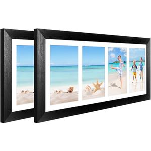 7x17 Collage frame with 4 Openings 4X6 Pictures, Multiple Picture Frame with Mat, Wall or Tabletop Decor, Black Wood Grain,2 Pack