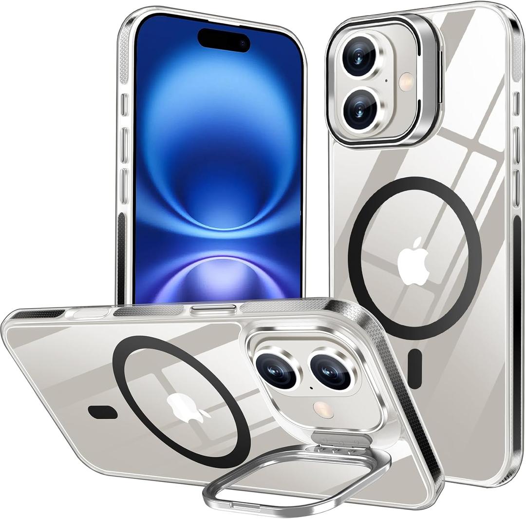 xiwxi for iPhone 16 Case, Compatible with MagSafe, Military-Grade Shockproof Protective Case, Built-in Stash Stand Phone Case, Scratch-Resistant Back Cover, Crystal Clear,6.1inch