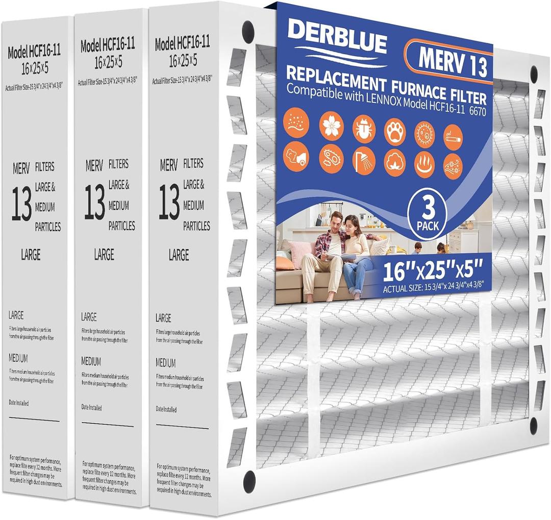 DerBlue 3PACK 16x25x5 MERV 13 Furnace Filter Replacement Compatible with Lennox X6670 HCF16 Pleated HVAC,Foldable Design for Easy Installation & Space-Saving(Actual Size: 15.75 x 24.75 x 4.38in)