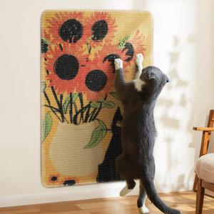 3-in-1 Sisal Cat Scratch Mat Sunflower 23.6x15.7'' Floor & Wall Cat Scratcher Pad, Protects Carpet Couch & Furniture with Sticker Tape, Anti-Slip, Durable for Indoor Outdoor Cats