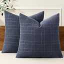 MIULEE Decorative Linen Check Euro Shams Throw Pillow Covers Neutral Farmhouse Vintage Pillow Covers 22x22 Set of 2 Boho Modern Home Decor for Sofa Couch Bedroom Cushion Navy Blue
