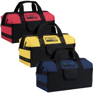 HISEA 3 Pack Heavy Duty Tool Bag with Storage Pockets, 16-Inch Tools Organizer Tote with Wide Base, Waterproof Durable Tool Bags with Zipper for Electrician, Tradesman (Red, Yellow, Blue)