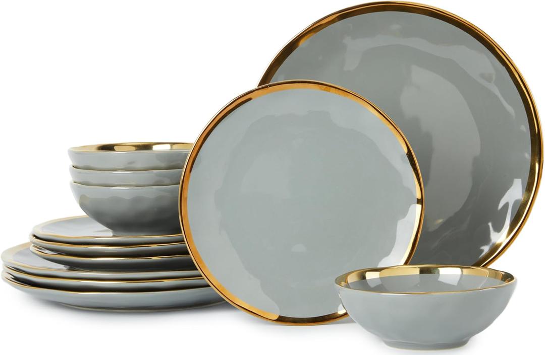 Pokini Porcelain Luxury Dinnerware Sets, Modern Plates and Bowls Sets for 4, Highly Chip and Crack Resistant, Grey and Gold Rim China Dishes Set for Wedding Anniversary