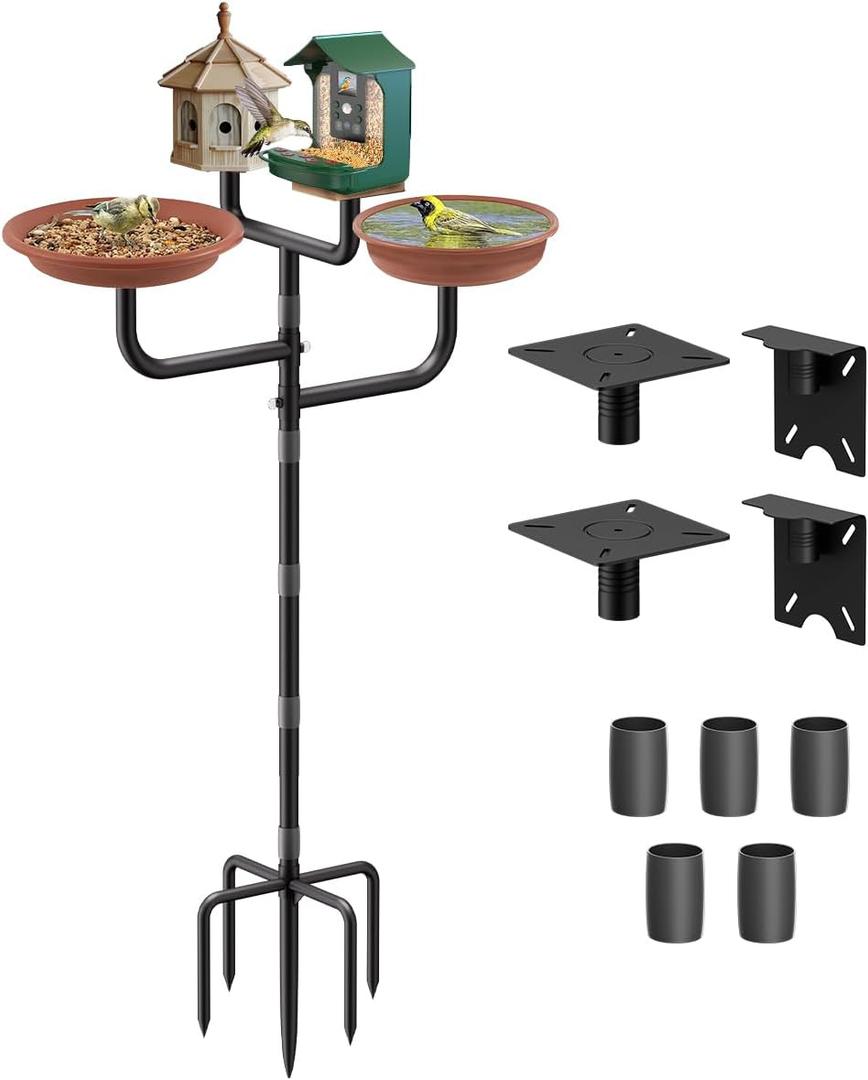 4 Holders Upgrade Bird House Pole with 90inch for Outdoor Bird Feeder Bath, Heavy Duty Adjustable Birdhouse Stand with 4 Plates & 5 Prong Base for Garden, Yard(NO Birdhouse & Birdbath)