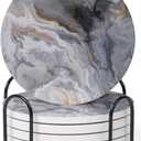 Set of 6 Abstract Dark Blue Marble Coasters with Holder, Absorbent Ceramic Coasters for Drinks, Coasters with Cork Backing for Table Protection, Housewarming Gifts for New Home