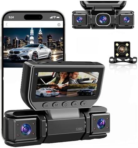 360° 4-Channel Car DVR Dash Cam Video Recorder, 5GHz WiFi & App Control, Front Rear and Inside Recording Camera