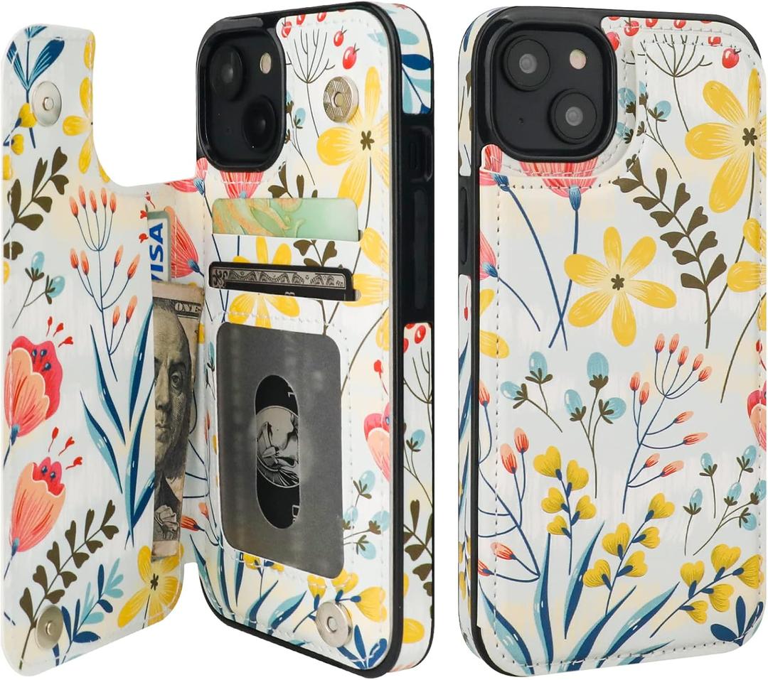HAOPINSH for iPhone 14 Wallet Case with Card Holder, Floral Flower Pattern Back Flip Folio PU Leather Kickstand Card Slots Case for Women Girls, Double Magnetic Clasp Shockproof Cover 6.1"