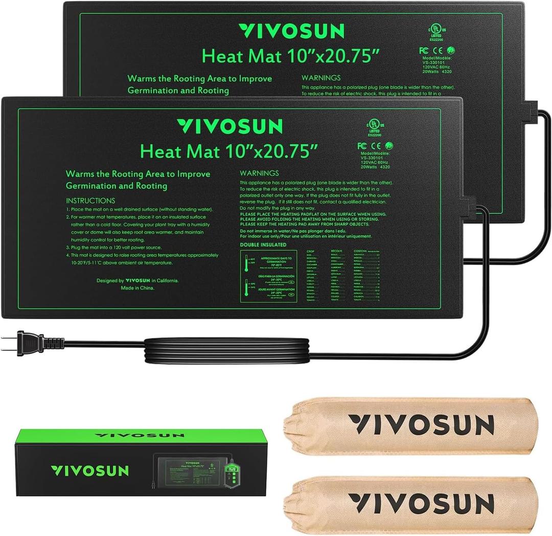 VIVOSUN 2 Pack Durable Waterproof Seedling Heat Mat 10" x 20.75" UL & MET-Certified Warm Hydroponic Heating Pad for Germination, Indoor Gardening, Greenhouse