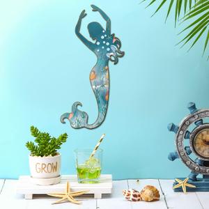 Demissle Metal Mermaid Wall Art Rustic Hanging Mermaid Wall Decor Blue Elegant Sculpture Decorations for Room Wall Patio Swimming Pool Bathroom (Stylish Style)