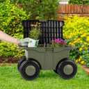 Pure Garden Rolling Garden Cart with Seat - Plastic Storage with Bench and Interior Tool Tray - Gardening Stool for Weeding and Planting (Green)