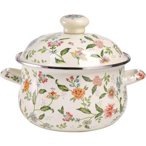 Jucoan 2.8 Quart Vintage Enamel Cooking Pot with Lid, Green Floral Enamelware Simmer Pot Saucepan with Dual Handles for Gas Electric Stovetop, Soup Bowl Gift for Housewarming Wedding Bridal Shower