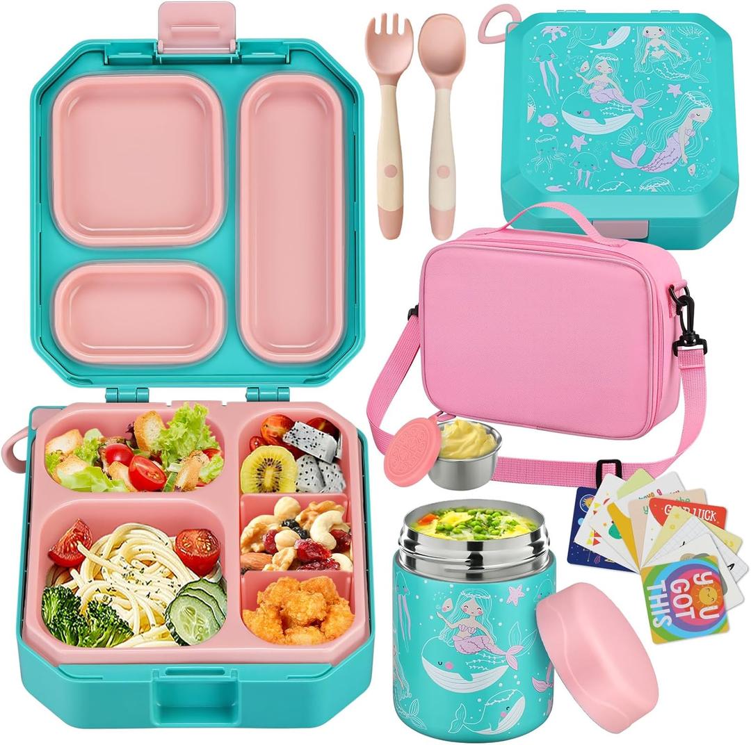 Bento Lunch Box for Kids with 12oz Soup Thermo Leak-Proof Lunch Food Container with 5 Compartment Thermo Hot Food Jar and Insulated Lunch Bag for Kid Toddler Girls Boys to School (Green - Mermaid)