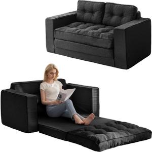 YOSHOOT Loveseat Sleeper Sofa,55" Convertible Sofa Bed Couch Futon Couches for Living Room,3-in-1 Pull Out Floor Couch with Backrest and Pillows, Black