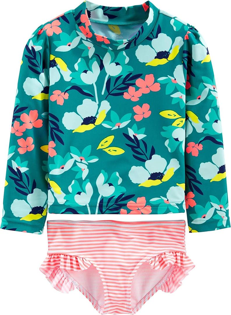 Simple Joys by Carter's Girls' 2-Piece Assorted Rashguard Sets (3T, Green Floral/Pink Stripe)