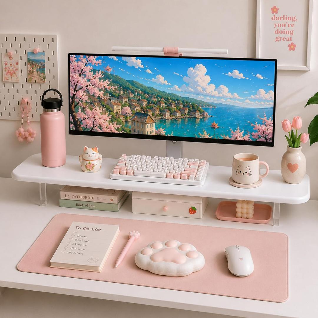 Bamboo Monitor Riser, Wide Desktop Monitor Stand for Desk with Clear Acrylic Legs, 31.5 x 8 inch Bamboo Wood Shelf, Fit Keyboard, Home Office Workspace Accessories, Study Stationaries Storage (White)