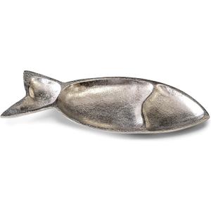 India Handicrafts Nautical Design 4 x 11 Inch Polished Aluminum Textured Fish Shaped Sectioned Serving Dish Platter Plate, Silver Tone, Small