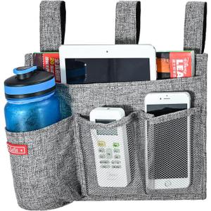 Linen Bedside Caddy, Bedside Storage Organizer for Hospital Beds, College Dorm Rooms or Baby Bed (4 Pockets-Grey)