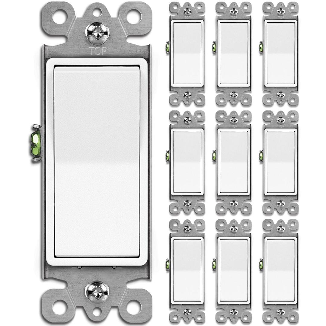 BESTTEN 10 Pack Single Pole Decorator Wall Light Switch, 15A 120/277V, Paddle Light Switch, On/Off Rocker Interrupter, UL Listed, White