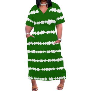 Women's Summer Plus Size Maxi Dress Casual Loose T Shirt Dress Loose Sundress Long Dress Short Sleeve Vacation Outfits with Pockets Dressy Tie Dye Stripe Green White 2XL