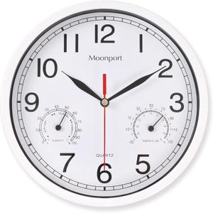 Moonport Wall Clock with Temperature, Silent Small White Clock with Hygrometer, Room Thermometer Clocks for Living Room/Kitchen/Bathroom/Nursery/Bedrooms