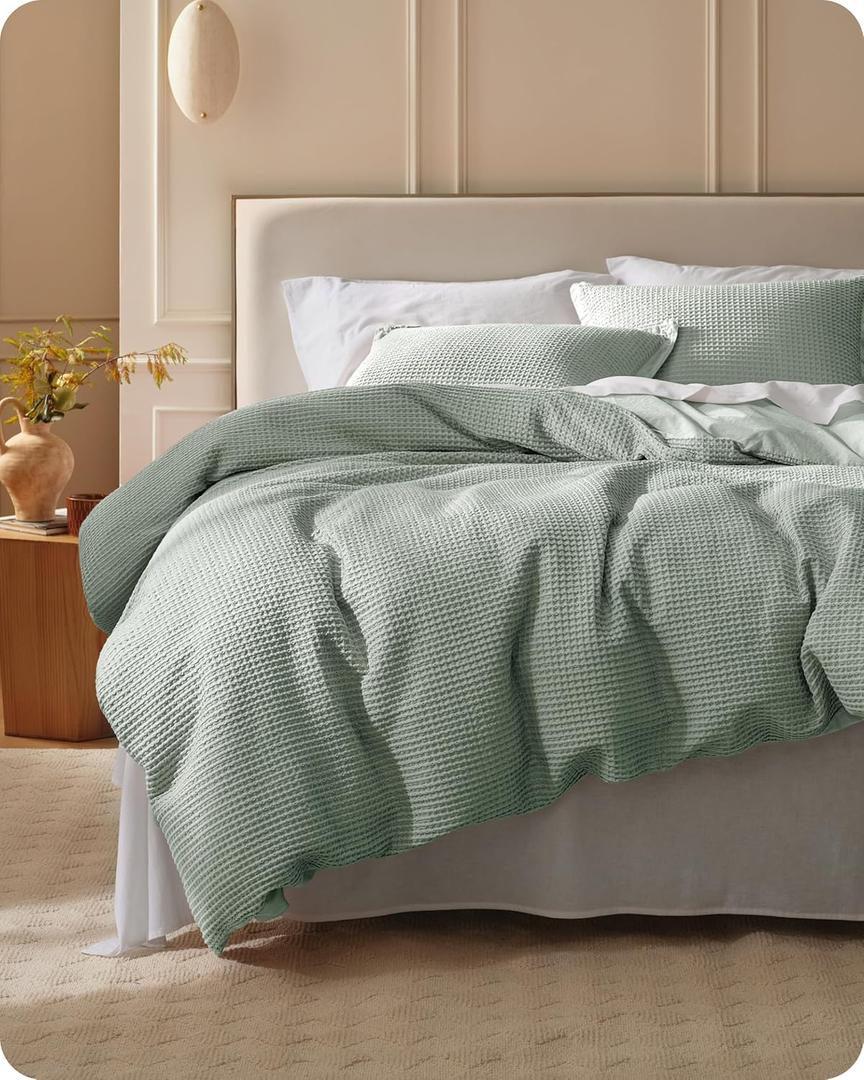Bedsure Cotton Duvet Cover Queen - 100% Cotton Waffle Weave Sage Green Duvet Cover Queen Size, GentleSoft and Breathable Bedding Set for All Season, 3 Pieces, 90"x90"