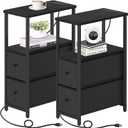 TUTOTAK Small Narrow End Table with Charging Station, Set of 2, Side Table with Outlets, Nightstand with 2 Cloth Drawers, Couch Table, for Living Room, Bedroom, Bedside, Black TB01BK055