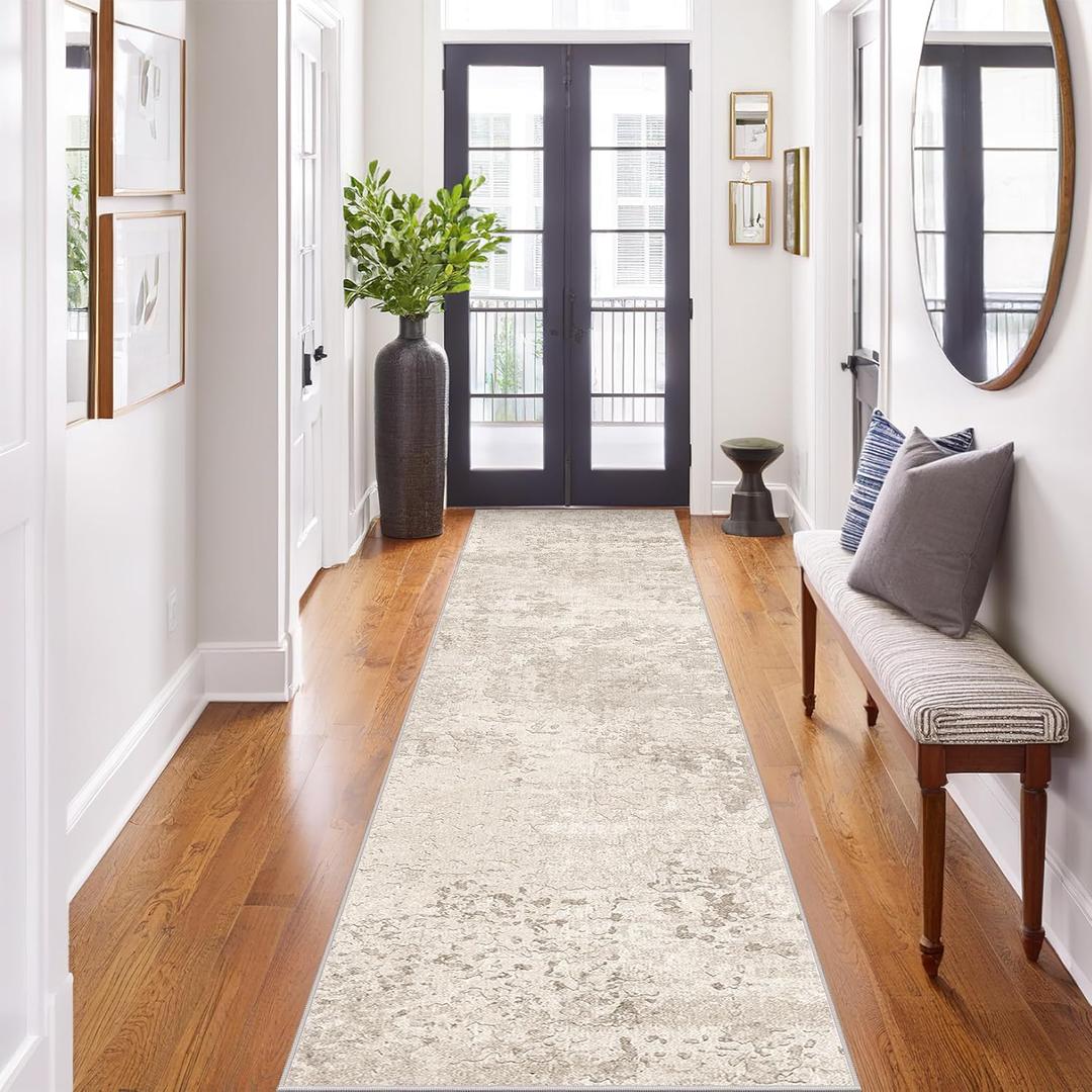 Art&Tuft 2x6 Runner Rug - Washable Runner Rugs, Non-Slip Runner Rug for Hallway, Low-Pile 2x6 Rug Runner Kitchen Laundry Room Rug Throw Carpet for Entrance Bedroom Living Room, Beige