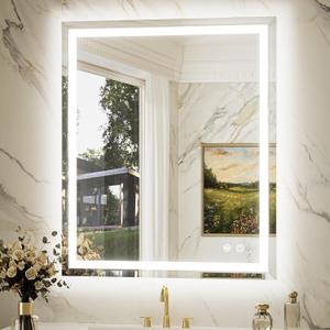 Keonjinn 30" x 36" Beveled Lighted Mirrors for Bathroom Wall, LED Bathroom Mirror with Lights, Frontlit & Backlit, Dimmable 3-Color Lights, Anti-Fog Tempered Glass Vanity Mirror, UL Listed LED Driver