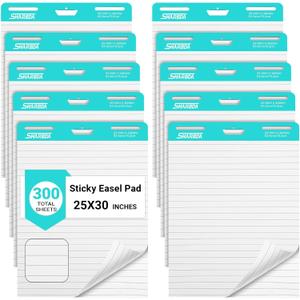 Lined Sticky Easel Pad, 25 * 30 inch,Self-Stick Flip Chart Paper, Super Adhesive & Bleed-Resistant,Micro-Perforated Tear,Classroom Teacher Office Presentation Pads,10 Pads/Pack,300 Sheets