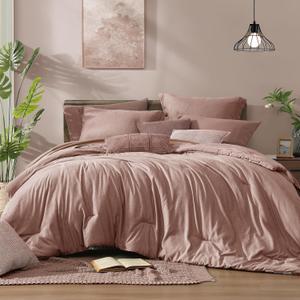 Monbix Queen Comforter Set - 7 Pieces Dusty Pink Cationic Dyeing Bed in a Bag Queen Bedding Sets with Sheets, Pillowcases & Shams, Reversible Bedding Comforters