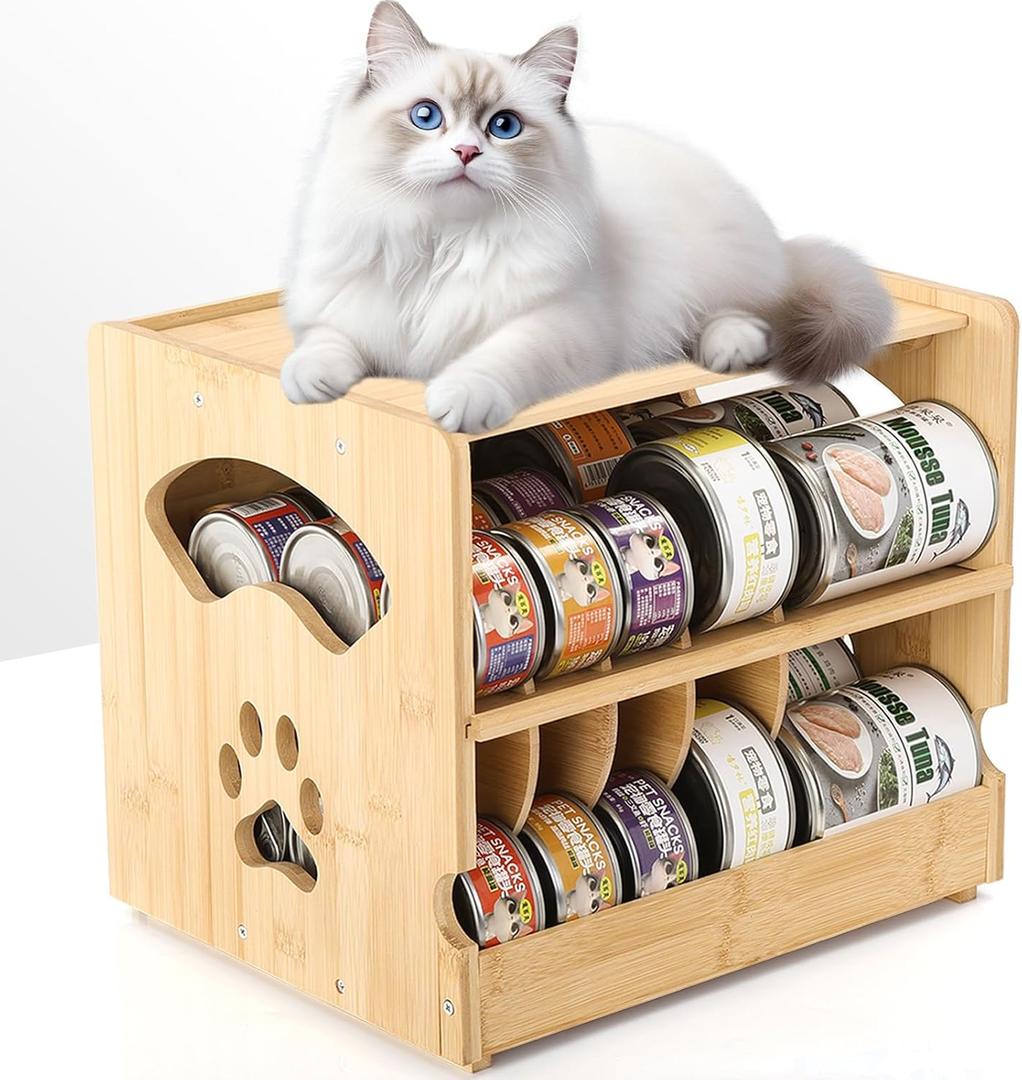 Upgraded Bamboo Cat Food Can Organizer - FIFO Pantry Storage Rack, Holds 42 (3oz) Cans, Stackable Pet Food Can Organizer for Kitchen Pantry (1)