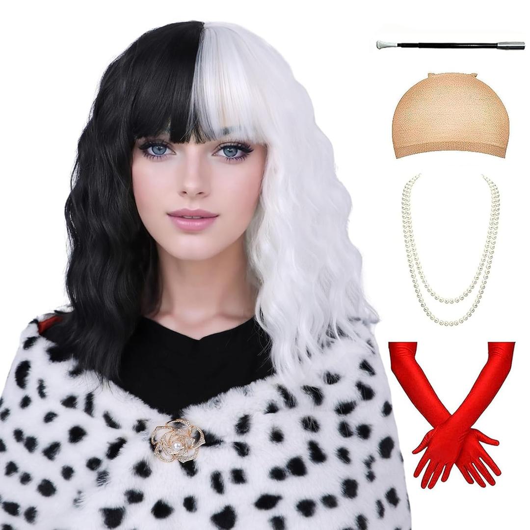Black and White Wig For Costume Short Bob Curly Wig With Bangs Shoulder Length Heat Resistant Synthetic Wigs For Party Cosplay Halloween(Black and White)