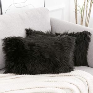 WLNUI Set of 2 Lumbar Black Decorative Pillow Covers New Luxury Series Merino Style Faux Fur Fluffy Throw Pillow Covers Fuzzy Cushion Case 12x20 Inch