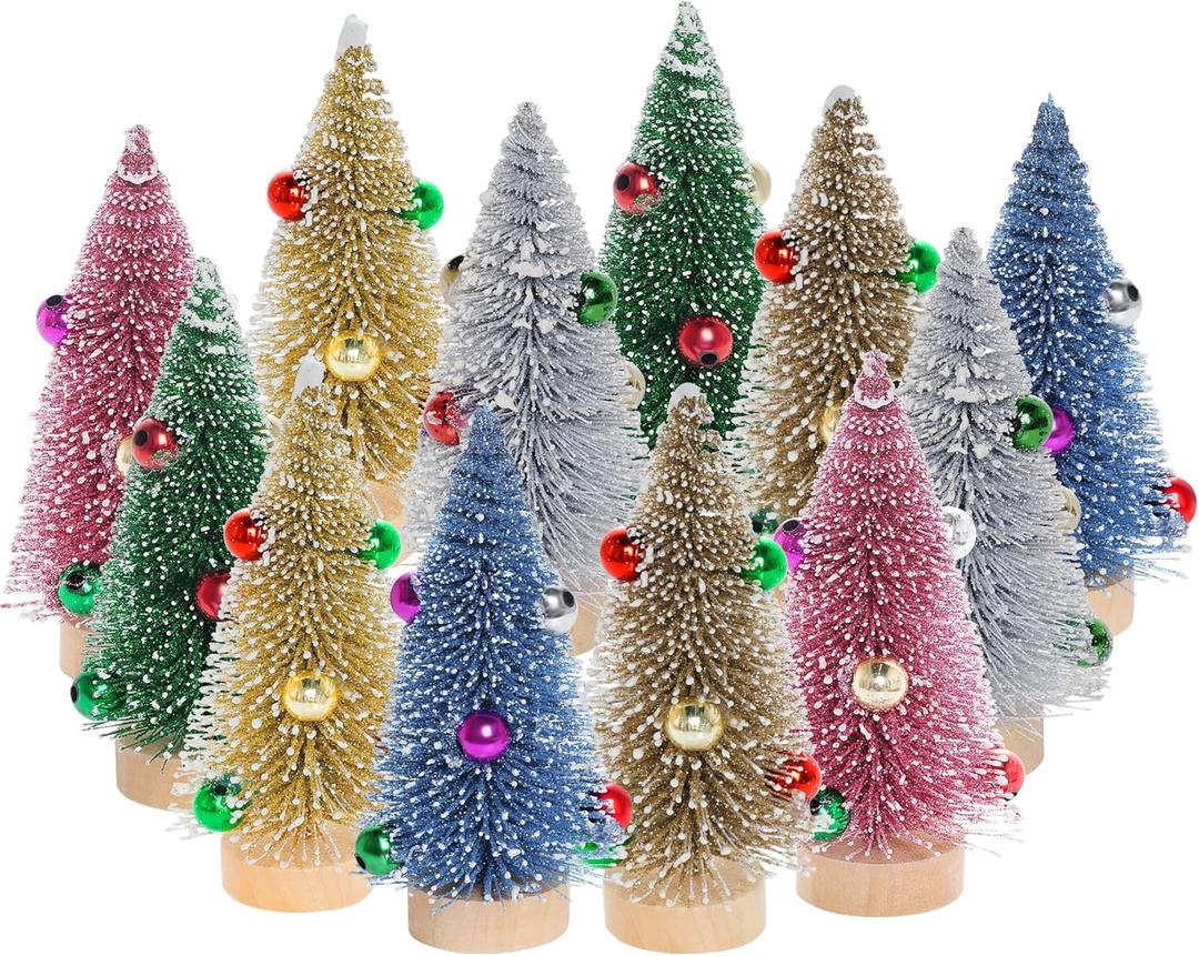 HOVEOX 12 Pieces Christmas Trees - Bottle Brush Mini Pine Trees, Small Sisal Artificial Trees for Christmas Decoration (Multicolor)